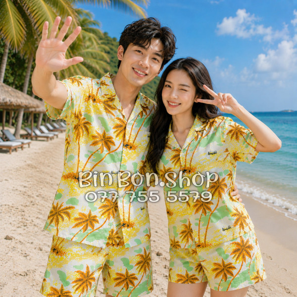 Set Áo Sơ Mi Quần Short Tropical Cây Dừa Nâu Đi Biển Nam Nữ