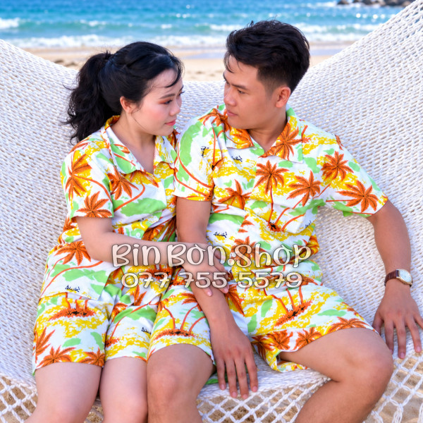 Set Áo Sơ Mi Quần Short Tropical Cây Dừa Nâu Đi Biển Nam Nữ