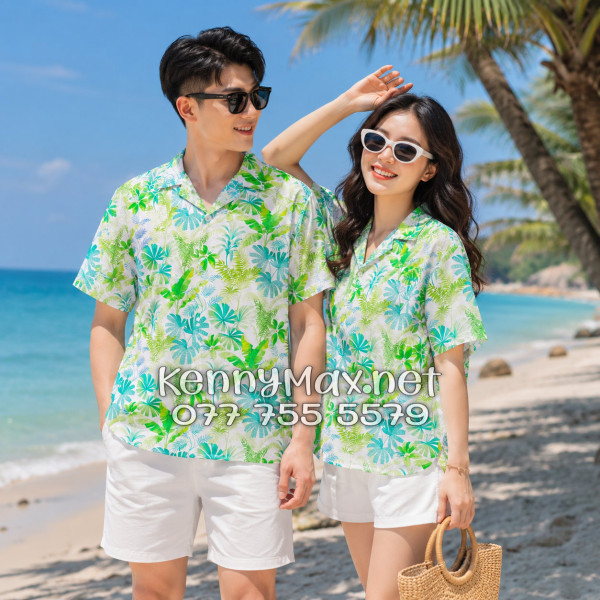 Áo Sơ Mi Nam Nữ Du Lịch Vải Đũi Họa Tiết Lá Chuối Xanh