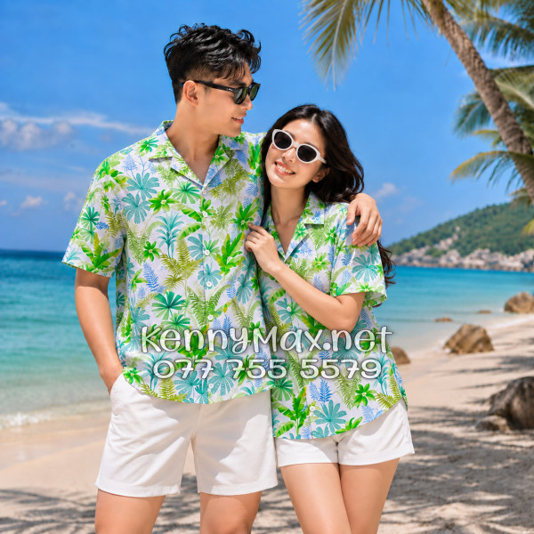 Áo Sơ Mi Nam Nữ Du Lịch Vải Đũi Họa Tiết Lá Chuối Xanh