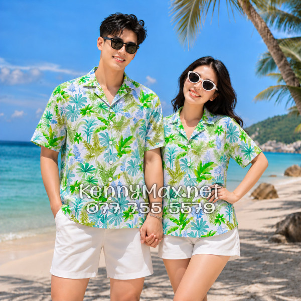 Áo Sơ Mi Nam Nữ Du Lịch Vải Đũi Họa Tiết Lá Chuối Xanh