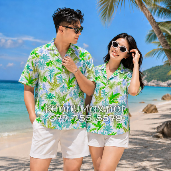 Áo Sơ Mi Nam Nữ Du Lịch Vải Đũi Họa Tiết Lá Chuối Xanh