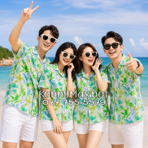 Áo Sơ Mi Nam Nữ Du Lịch Vải Đũi Họa Tiết Lá Chuối Xanh