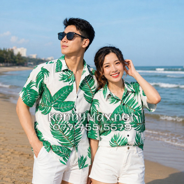 Áo Sơ Mi Nam Nữ Du Lịch Vải Đũi Họa Tiết Lá Xanh