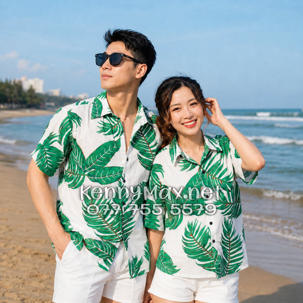 Áo Sơ Mi Nam Nữ Du Lịch Vải Đũi Họa Tiết Lá Xanh