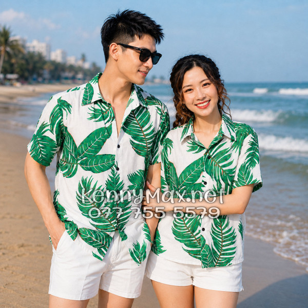 Áo Sơ Mi Nam Nữ Du Lịch Vải Đũi Họa Tiết Lá Xanh