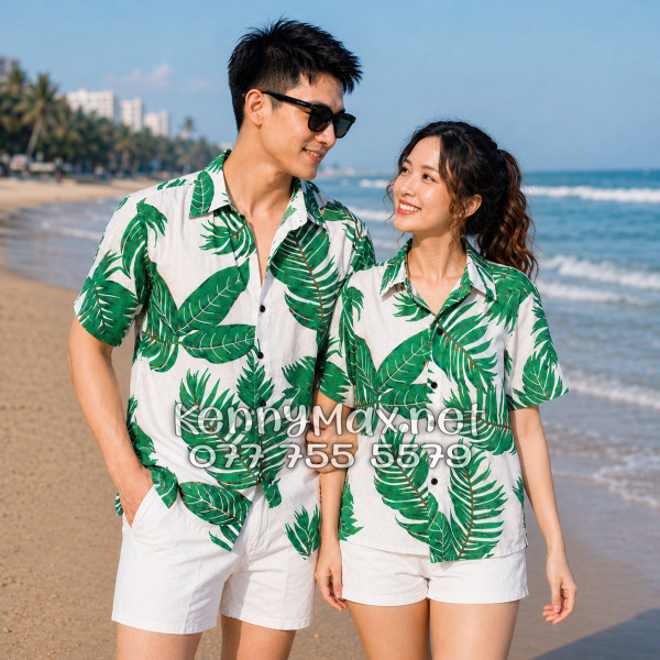 Áo Sơ Mi Nam Nữ Du Lịch Vải Đũi Họa Tiết Lá Xanh