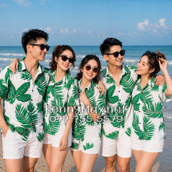 Áo Sơ Mi Nam Nữ Du Lịch Vải Đũi Họa Tiết Lá Xanh