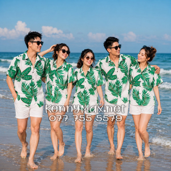 Áo Sơ Mi Nam Nữ Du Lịch Vải Đũi Họa Tiết Lá Xanh
