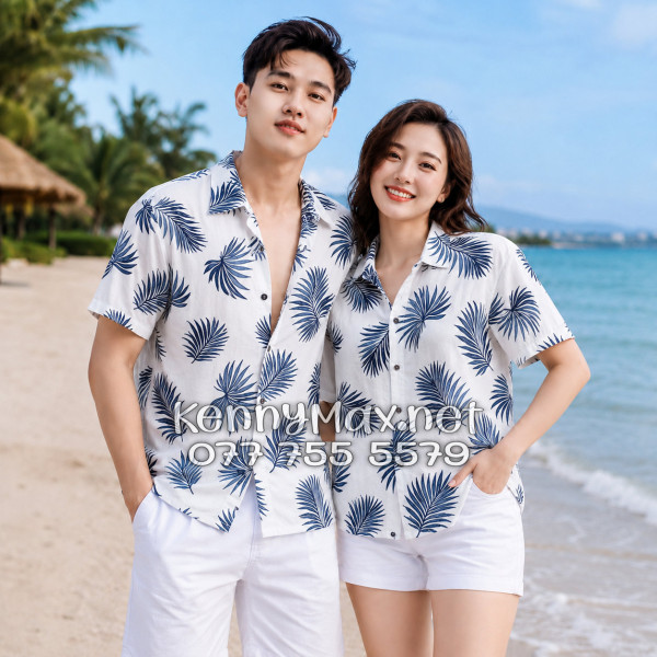Áo Sơ Mi Nam Nữ Du Lịch Vải Đũi Họa Tiết Lá Cọ Xanh