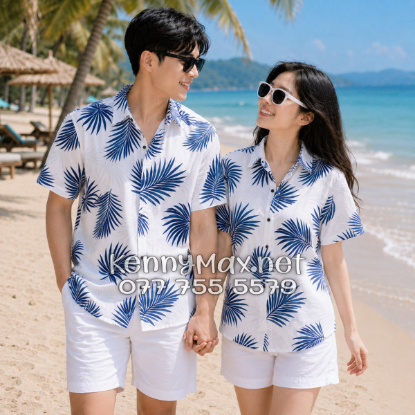 Áo Sơ Mi Nam Nữ Du Lịch Vải Đũi Họa Tiết Lá Cọ Xanh