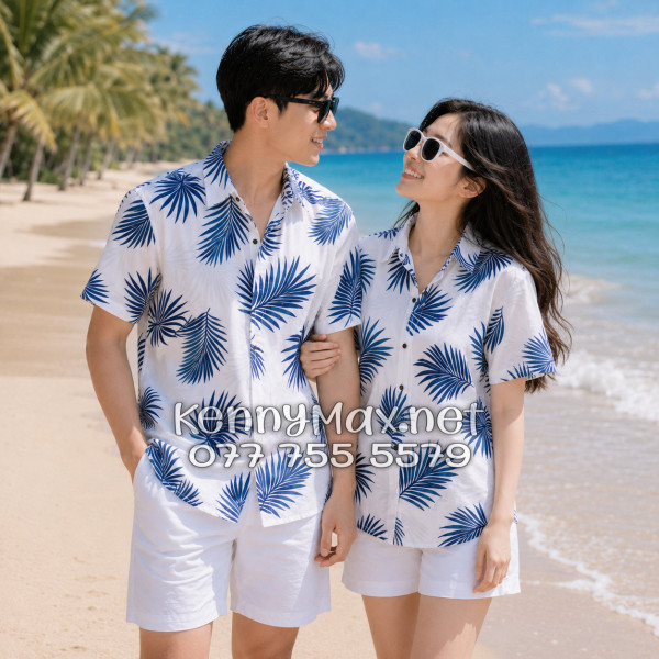 Áo Sơ Mi Nam Nữ Du Lịch Vải Đũi Họa Tiết Lá Cọ Xanh