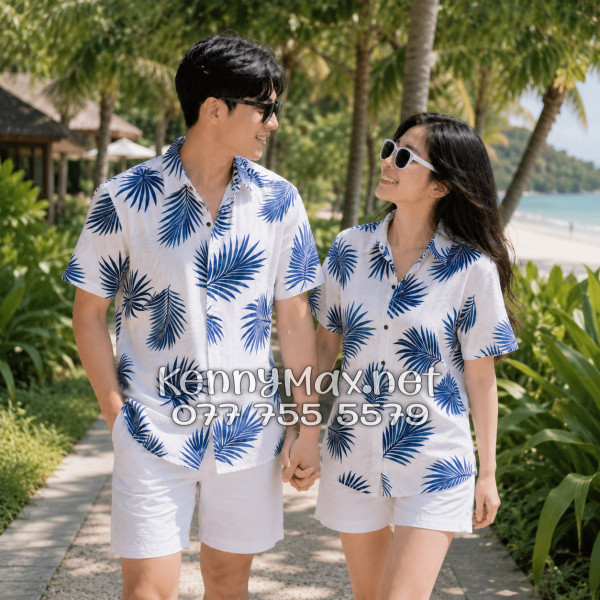 Áo Sơ Mi Nam Nữ Du Lịch Vải Đũi Họa Tiết Lá Cọ Xanh