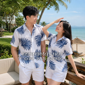Áo Sơ Mi Nam Nữ Du Lịch Vải Đũi Họa Tiết Lá Cọ Xanh