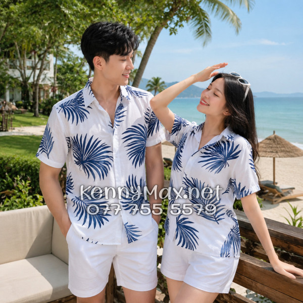 Áo Sơ Mi Nam Nữ Du Lịch Vải Đũi Họa Tiết Lá Cọ Xanh