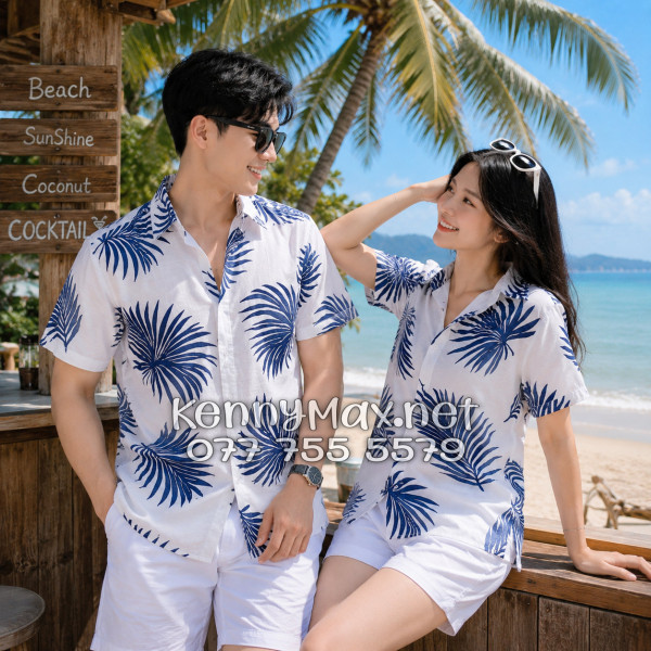 Áo Sơ Mi Nam Nữ Du Lịch Vải Đũi Họa Tiết Lá Cọ Xanh