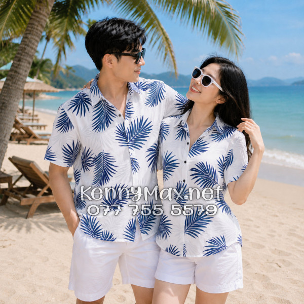 Áo Sơ Mi Nam Nữ Du Lịch Vải Đũi Họa Tiết Lá Cọ Xanh