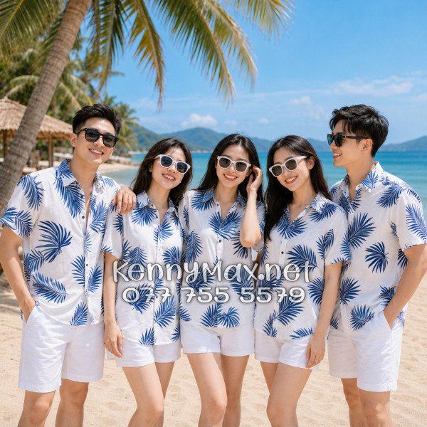 Áo Sơ Mi Nam Nữ Du Lịch Vải Đũi Họa Tiết Lá Cọ Xanh