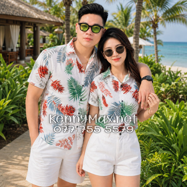 Áo Sơ Mi Nam Nữ Du Lịch Vải Đũi Họa Tiết Lá Đỏ Xanh