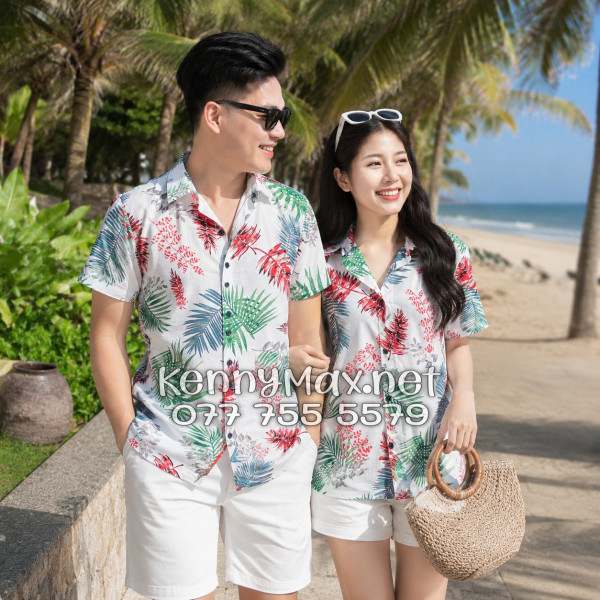 Áo Sơ Mi Nam Nữ Du Lịch Vải Đũi Họa Tiết Lá Đỏ Xanh