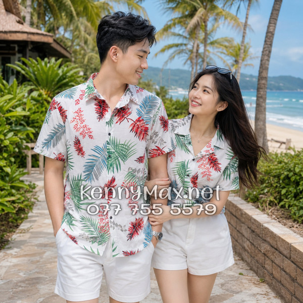 Áo Sơ Mi Nam Nữ Du Lịch Vải Đũi Họa Tiết Lá Đỏ Xanh