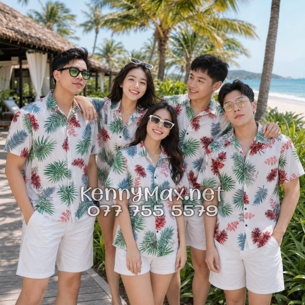 Áo Sơ Mi Nam Nữ Du Lịch Vải Đũi Họa Tiết Lá Đỏ Xanh