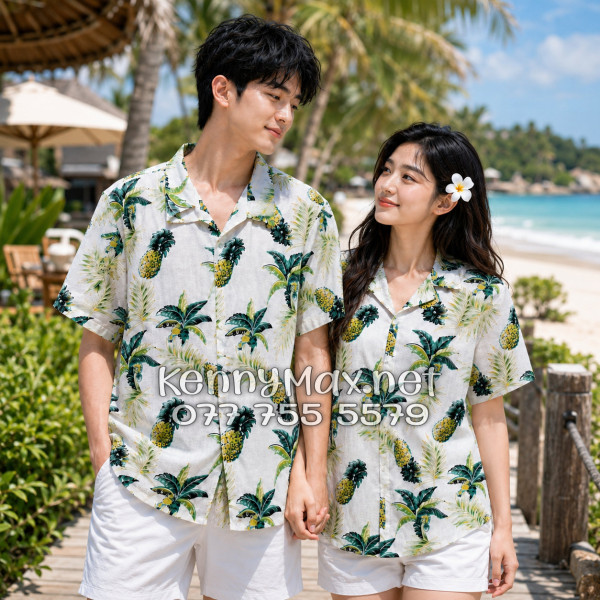Áo Sơ Mi Nam Nữ Du Lịch Vải Đũi Họa Tiết Thơm Dứa Cây Dừa
