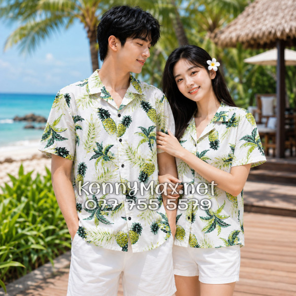 Áo Sơ Mi Nam Nữ Du Lịch Vải Đũi Họa Tiết Thơm Dứa Cây Dừa