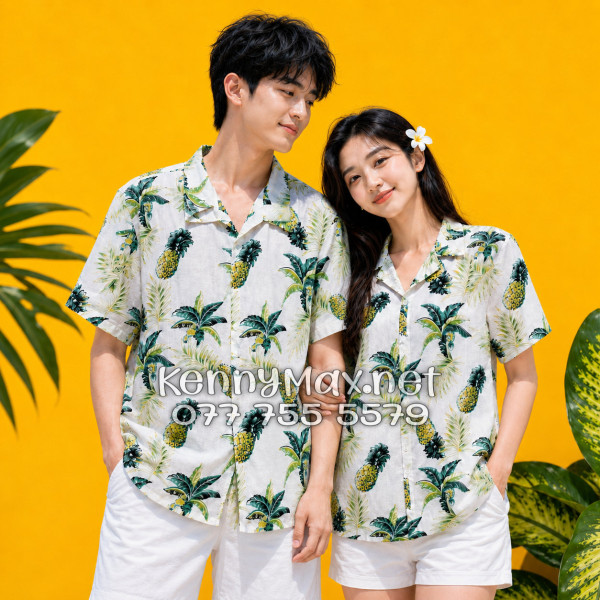Áo Sơ Mi Nam Nữ Du Lịch Vải Đũi Họa Tiết Thơm Dứa Cây Dừa