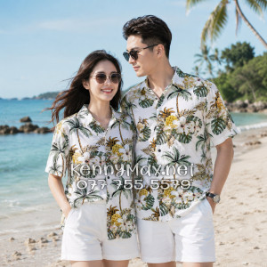 Áo Sơ Mi Nam Nữ Du Lịch Vải Đũi Họa Tiết Dứa Cây Dừa Hoa Sứ