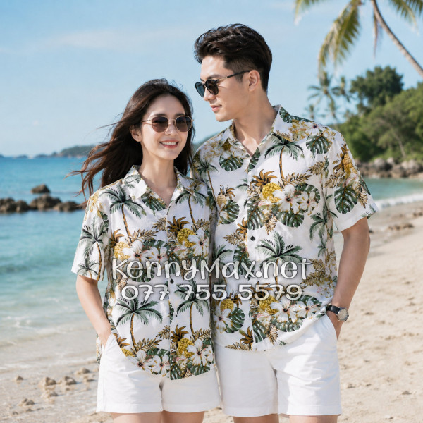 Áo Sơ Mi Nam Nữ Du Lịch Vải Đũi Họa Tiết Dứa Cây Dừa Hoa Sứ