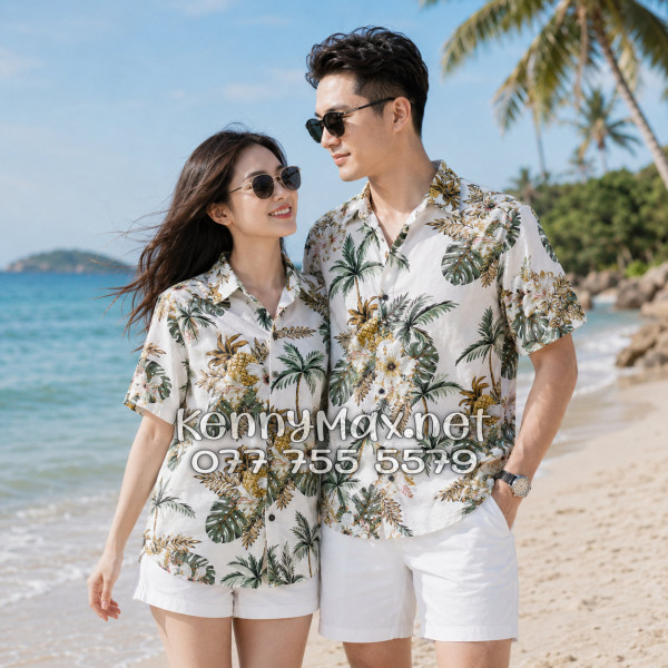 Áo Sơ Mi Nam Nữ Du Lịch Vải Đũi Họa Tiết Dứa Cây Dừa Hoa Sứ