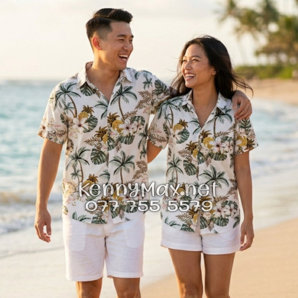 Áo Sơ Mi Nam Nữ Du Lịch Vải Đũi Họa Tiết Dứa Cây Dừa Hoa Sứ