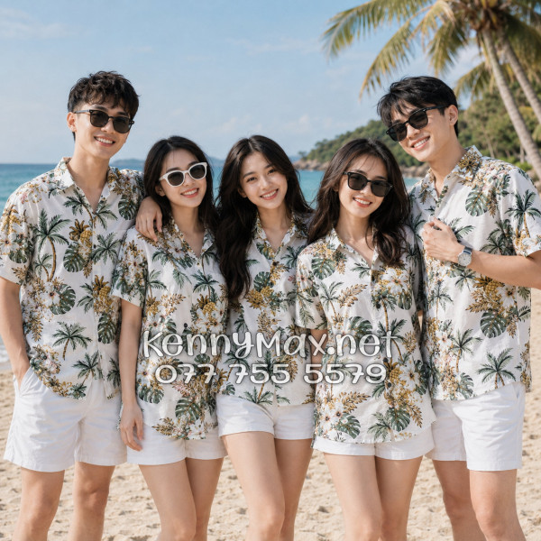 Áo Sơ Mi Nam Nữ Du Lịch Vải Đũi Họa Tiết Dứa Cây Dừa Hoa Sứ