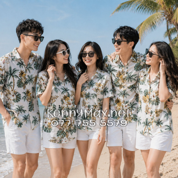 Áo Sơ Mi Nam Nữ Du Lịch Vải Đũi Họa Tiết Dứa Cây Dừa Hoa Sứ