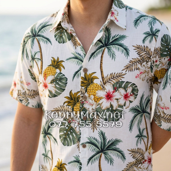 Áo Sơ Mi Nam Nữ Du Lịch Vải Đũi Họa Tiết Dứa Cây Dừa Hoa Sứ