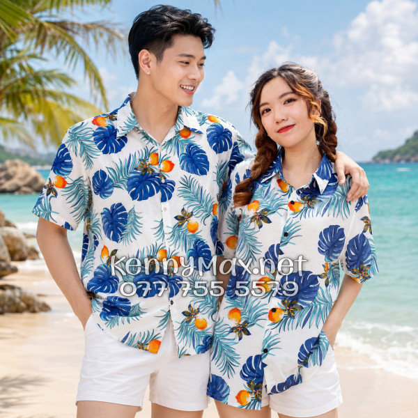 Áo Sơ Mi Nam Nữ Du Lịch Vải Đũi Họa Tiết Trái Đào Lá Xanh