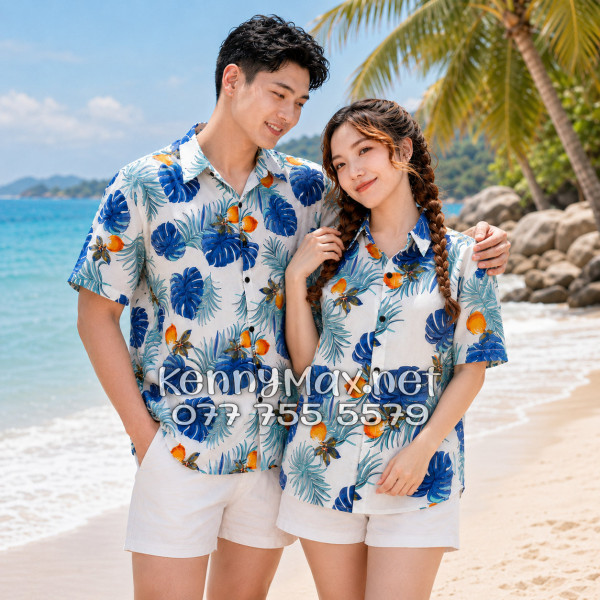 Áo Sơ Mi Nam Nữ Du Lịch Vải Đũi Họa Tiết Trái Đào Lá Xanh