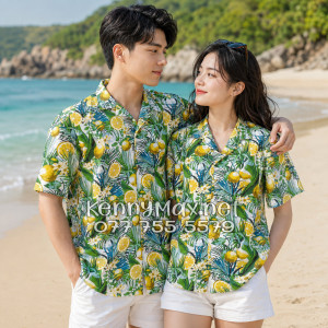 Áo Sơ Mi Nam Nữ Du Lịch Vải Đũi Họa Tiết Chanh Vàng Lá Xanh