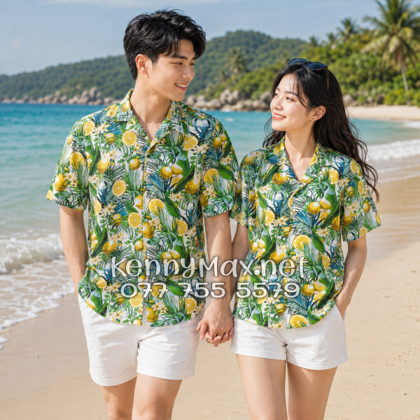 Áo Sơ Mi Nam Nữ Du Lịch Vải Đũi Họa Tiết Chanh Vàng Lá Xanh