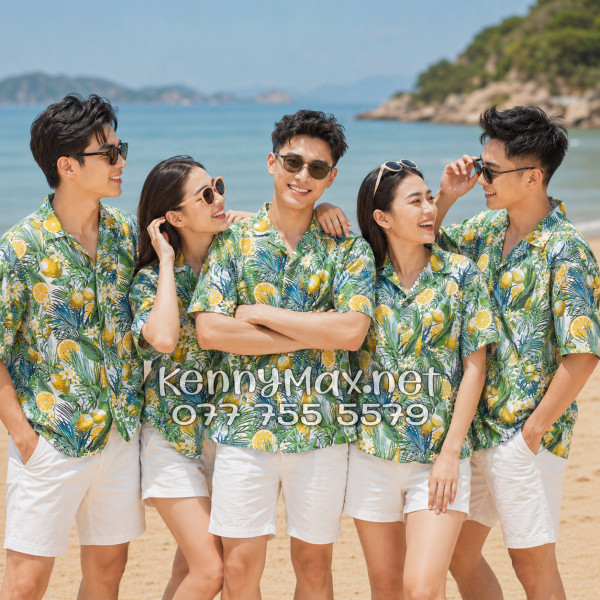 Áo Sơ Mi Nam Nữ Du Lịch Vải Đũi Họa Tiết Chanh Vàng Lá Xanh