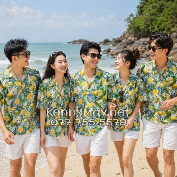 Áo Sơ Mi Nam Nữ Du Lịch Vải Đũi Họa Tiết Chanh Vàng Lá Xanh