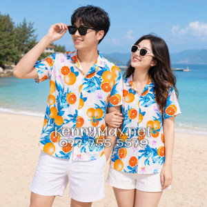 Áo Sơ Mi Nam Nữ Du Lịch Vải Đũi Họa Tiết Trái Cam Lá Xanh