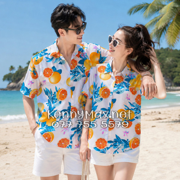 Áo Sơ Mi Nam Nữ Du Lịch Vải Đũi Họa Tiết Trái Cam Lá Xanh