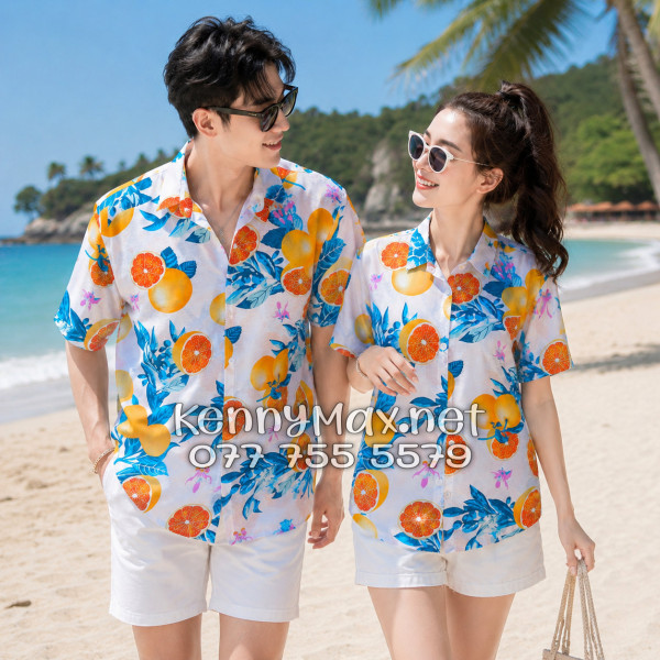 Áo Sơ Mi Nam Nữ Du Lịch Vải Đũi Họa Tiết Trái Cam Lá Xanh