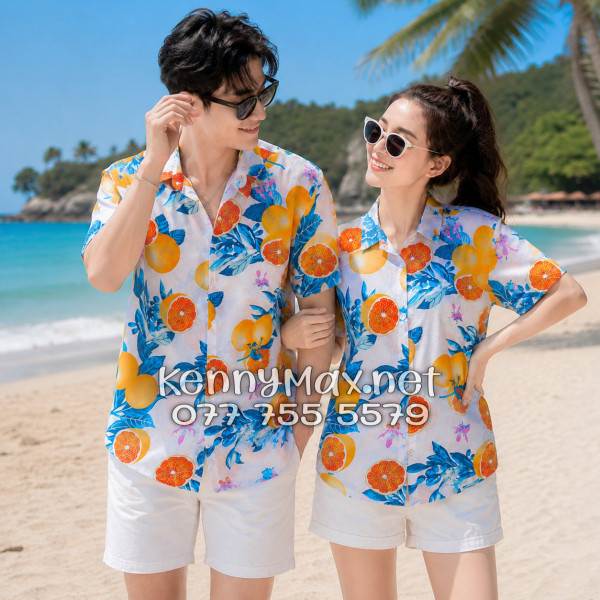 Áo Sơ Mi Nam Nữ Du Lịch Vải Đũi Họa Tiết Trái Cam Lá Xanh