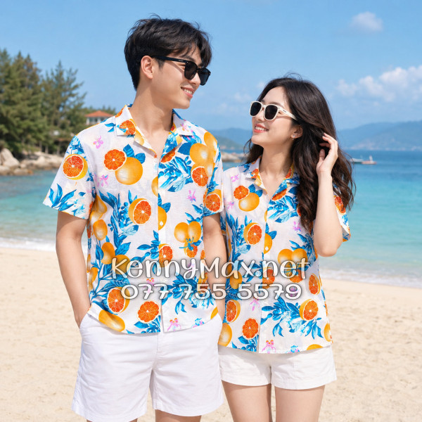 Áo Sơ Mi Nam Nữ Du Lịch Vải Đũi Họa Tiết Trái Cam Lá Xanh