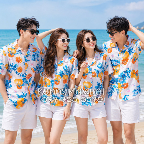 Áo Sơ Mi Nam Nữ Du Lịch Vải Đũi Họa Tiết Trái Cam Lá Xanh
