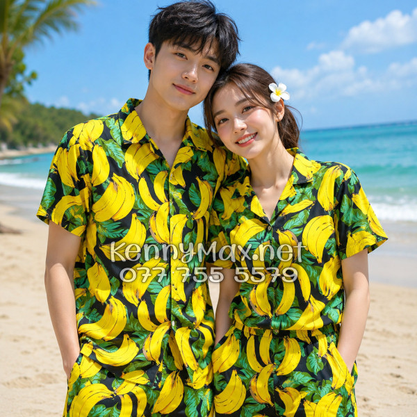 Set Áo Sơ Mi Quần Short Tropical Chuối Vàng Nền Đen Đi Biển Nam Nữ