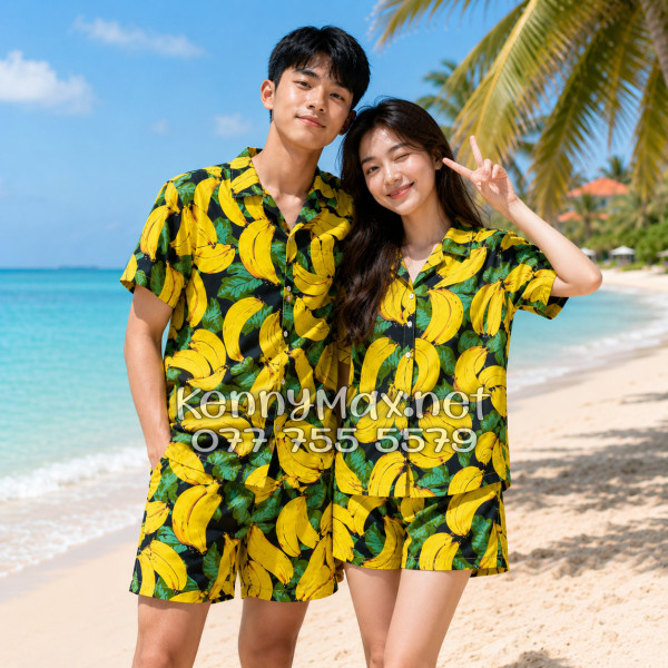 Set Áo Sơ Mi Quần Short Tropical Chuối Vàng Nền Đen Đi Biển Nam Nữ